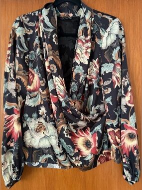 T Tahari Black Floral Draped Blouse with Multicolor Blooms